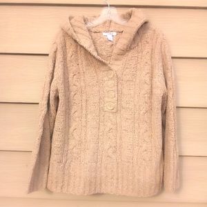 Dressbarn cable knit, half button hooded, sweater, tan, good condition, 14-16